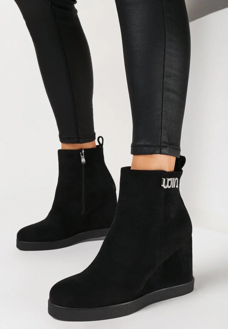  Botine Negre cu pană cu cataramă decorativă cu zirconii Atuna