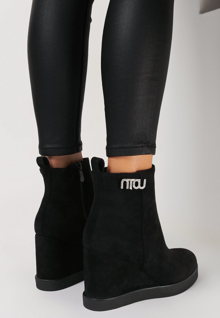  Botine Negre cu pană cu cataramă decorativă cu zirconii Atuna