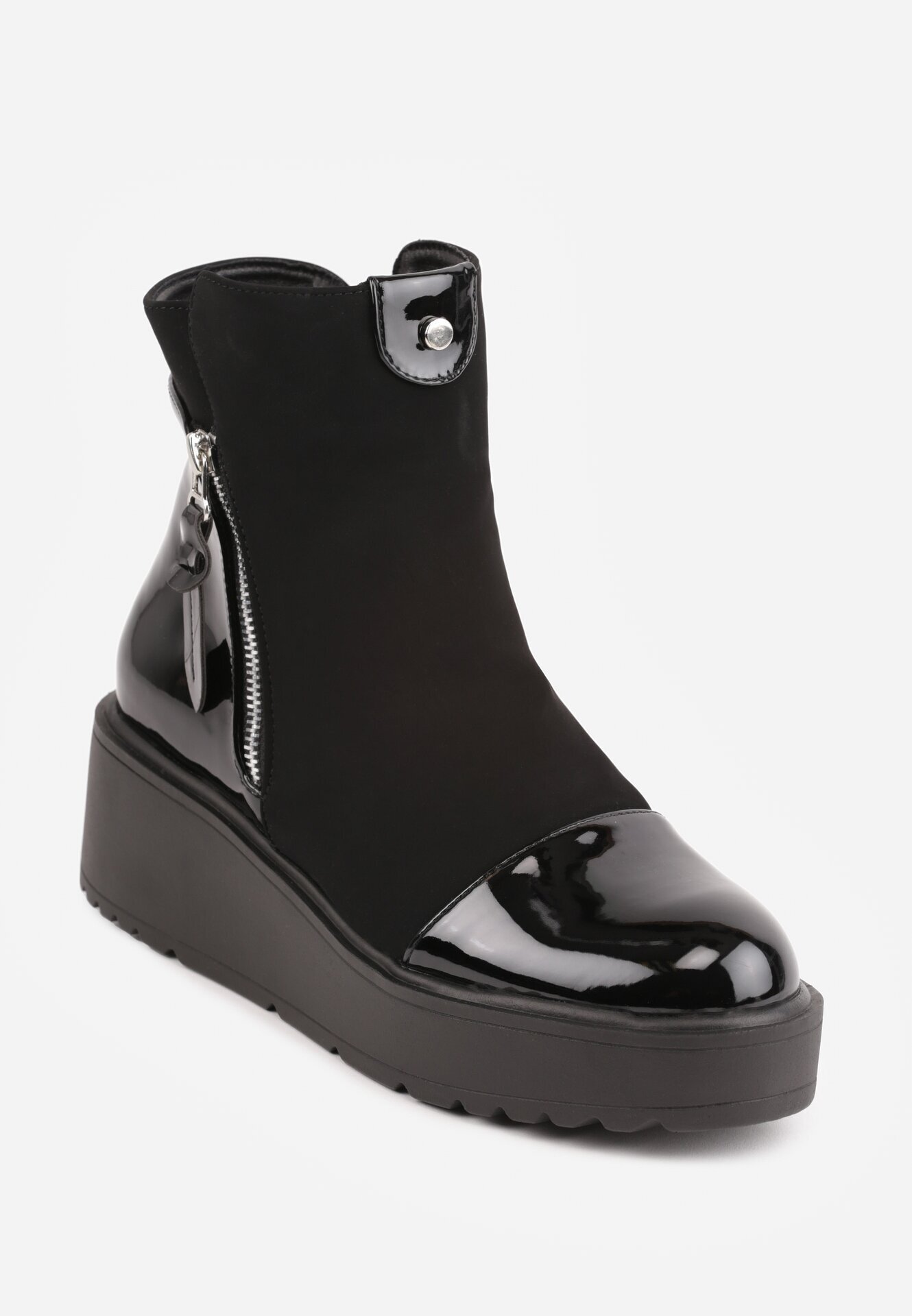  Botine Negre cu pană Decorate cu fermoar și Inserții lăcuite Linnalia