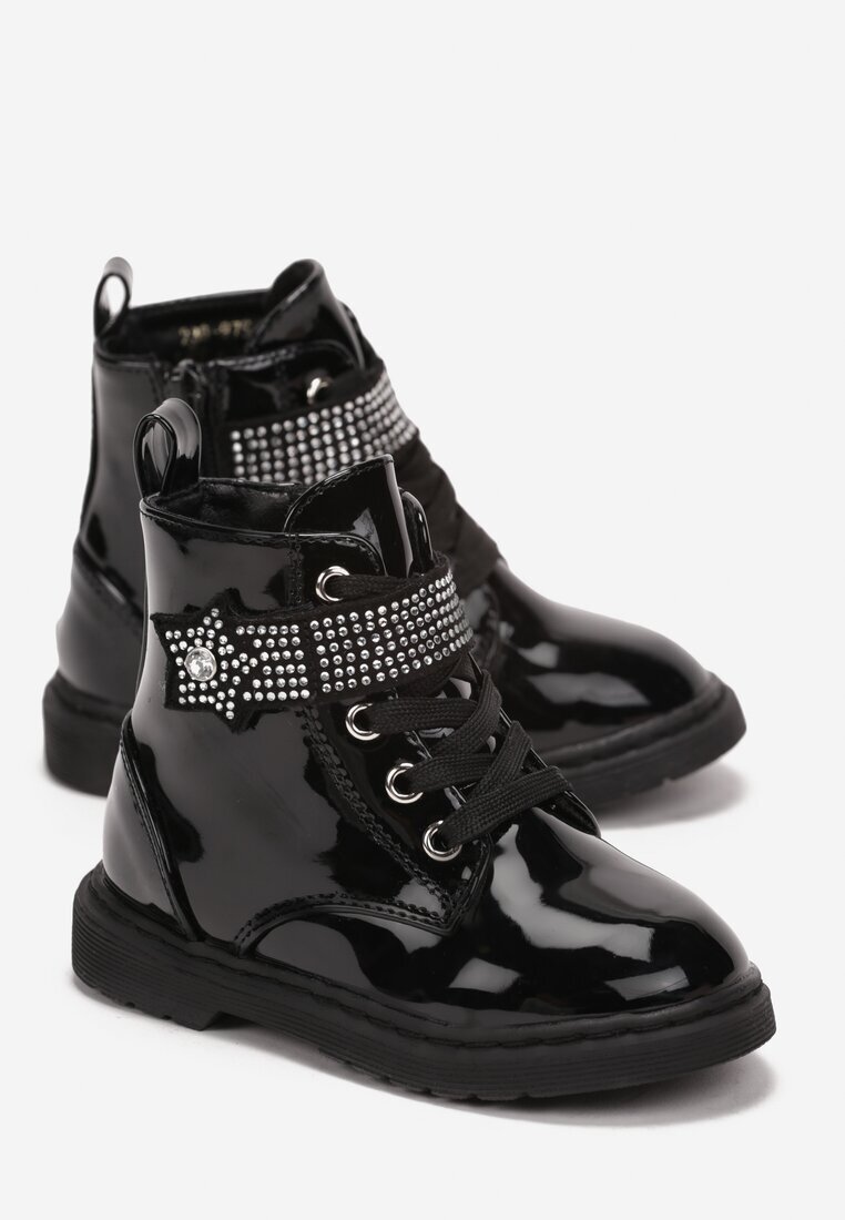  Botine Negre cu șireturi pe Talpă Plată cu velcro cu Zirconii Isilira