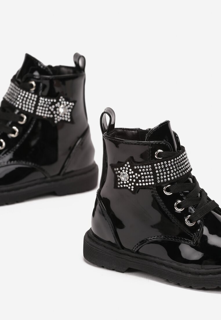  Botine Negre cu șireturi pe Talpă Plată cu velcro cu Zirconii Isilira