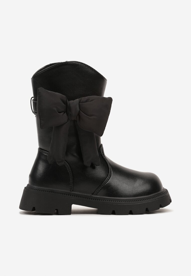  Botine Negre cu Talpă în relief cu Aplicație 3D Textilă în formă de Fundă Amirissa