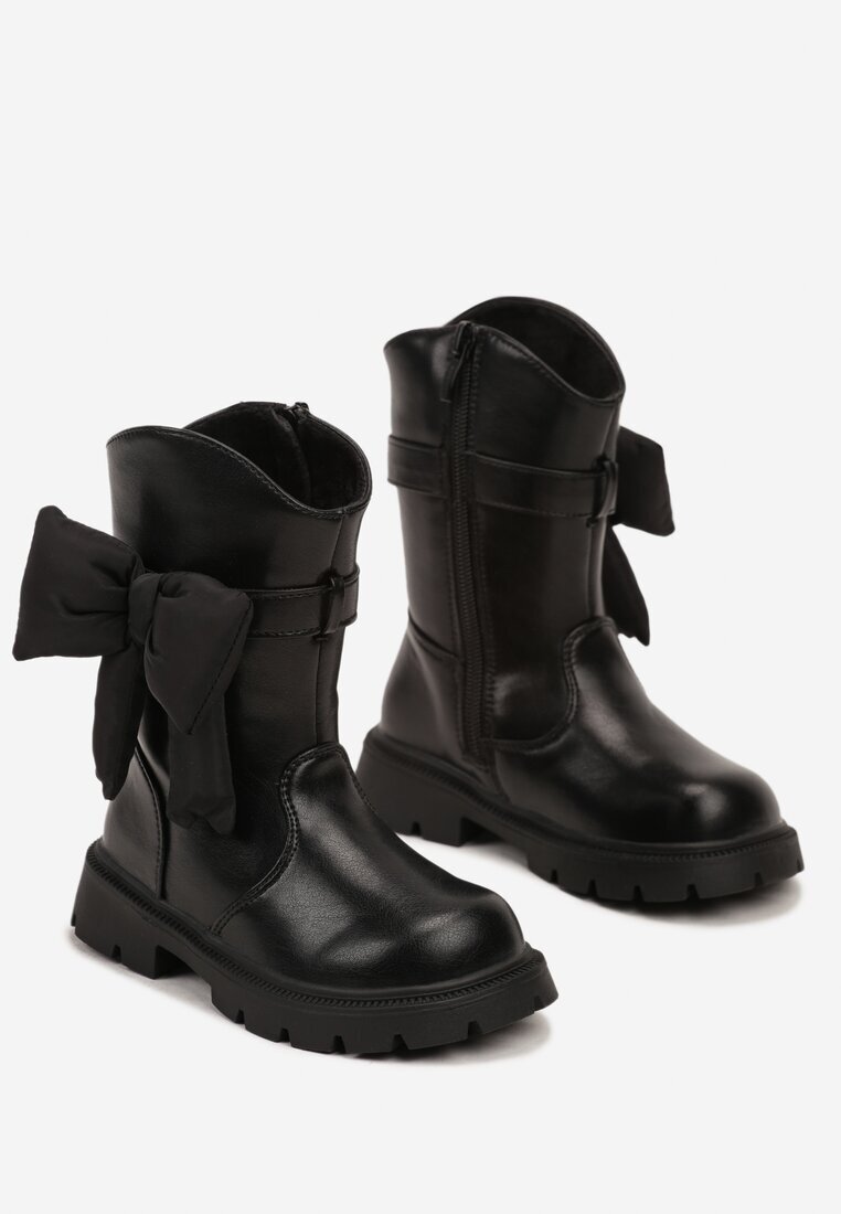  Botine Negre cu Talpă în relief cu Aplicație 3D Textilă în formă de Fundă Amirissa