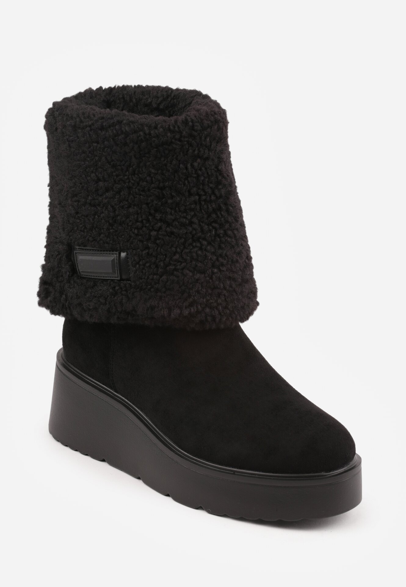  Botine Negre cu talpă pană cu guler răsucit și blană Irilaura