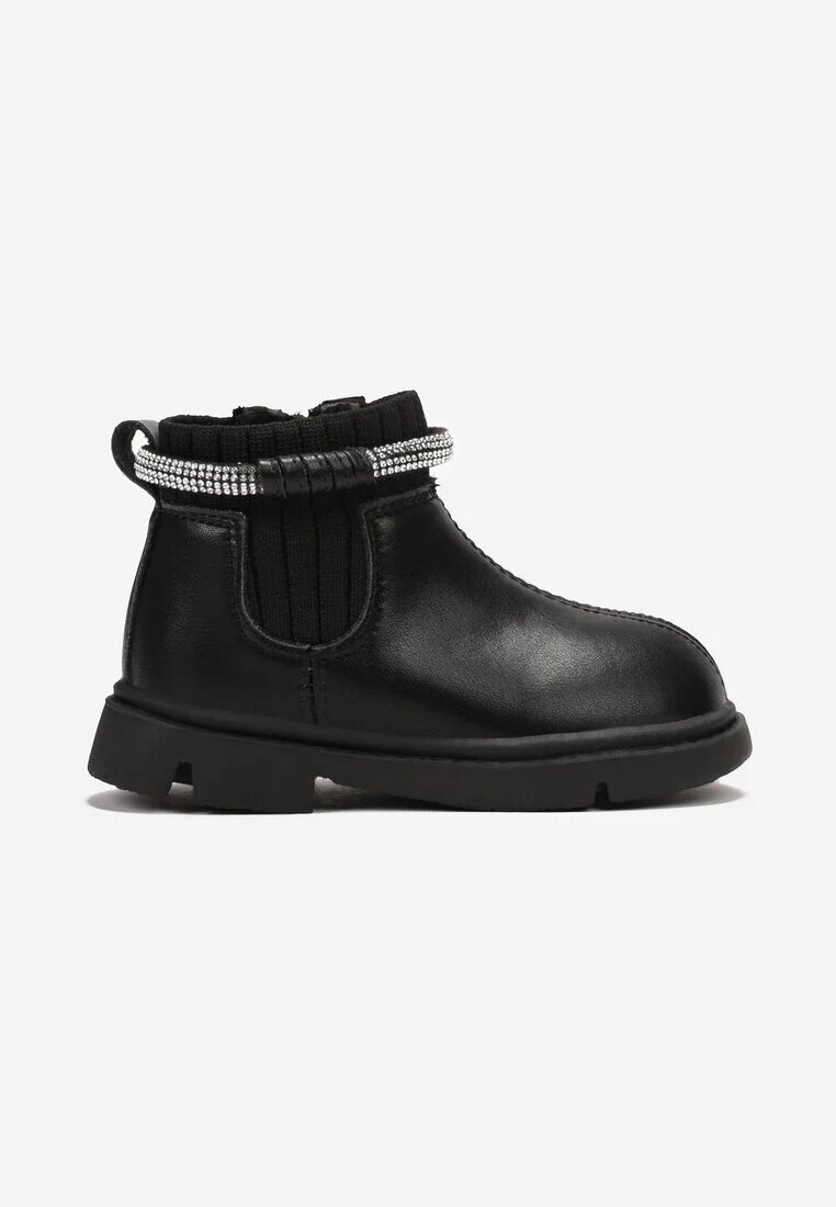  Botine Negre cu Talpă Plată cu Baretă Decorată cu Zirconii Korifa