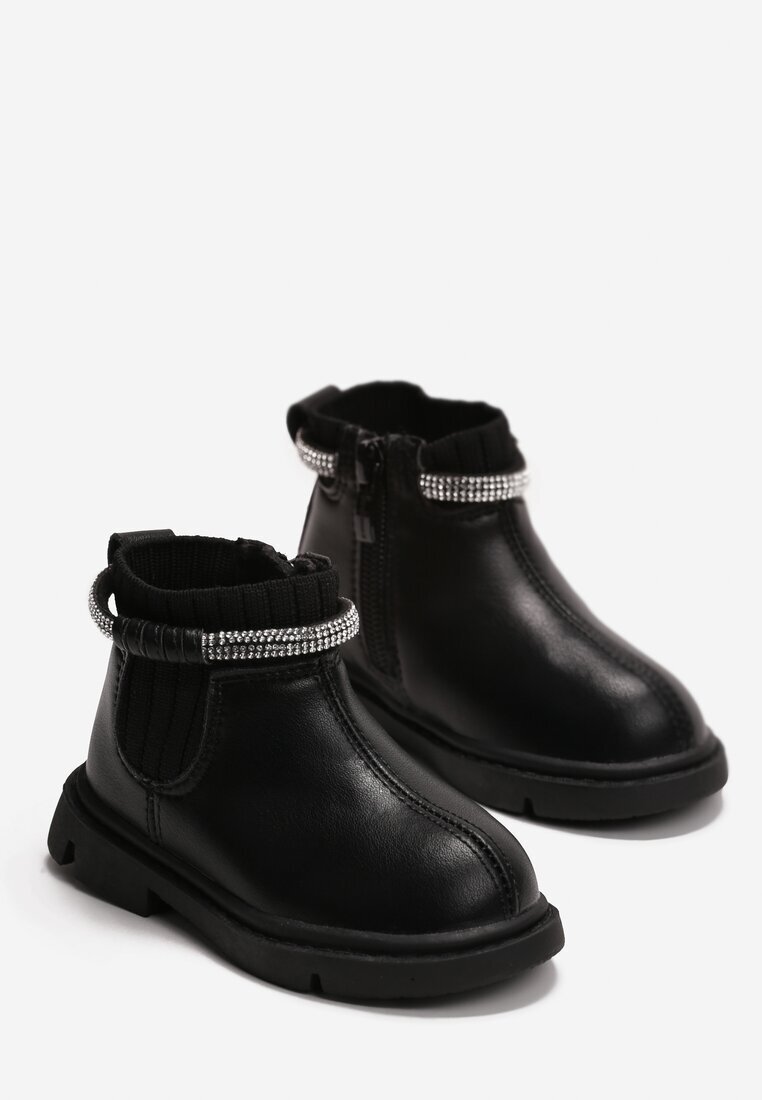  Botine Negre cu Talpă Plată cu Baretă Decorată cu Zirconii Korifa