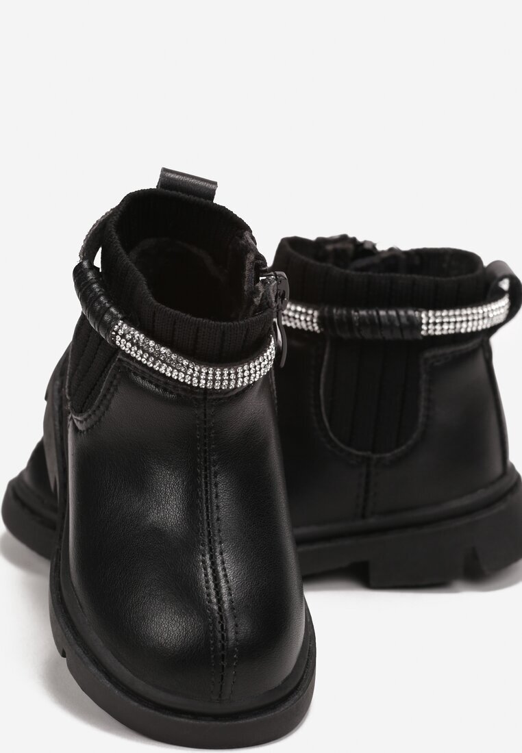  Botine Negre cu Talpă Plată cu Baretă Decorată cu Zirconii Korifa