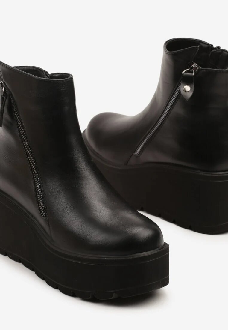  Botine Negre din Piele Ecologică cu Toc Pană cu Platformă Ornamente cu Fermoar Irivara