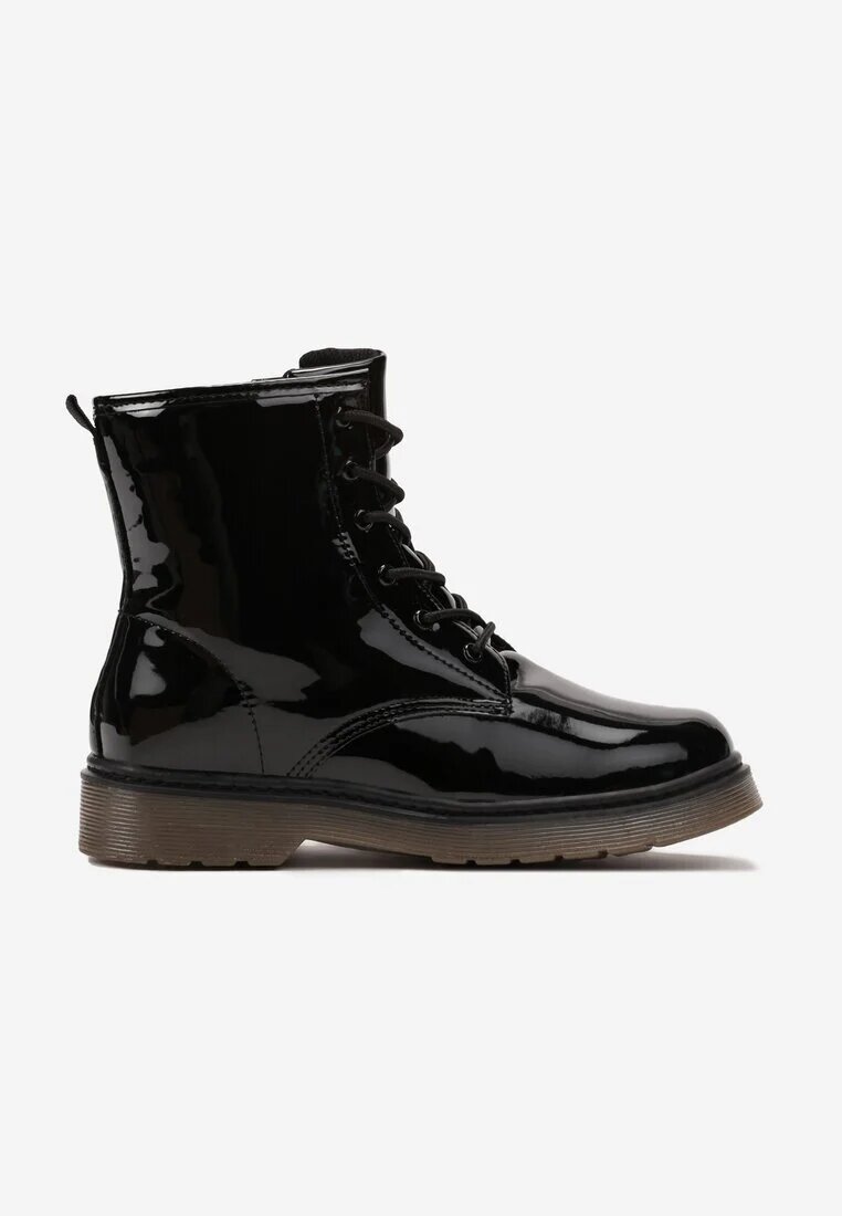  Botine Negre Lăcuite cu Șireturi Decorative Astridra