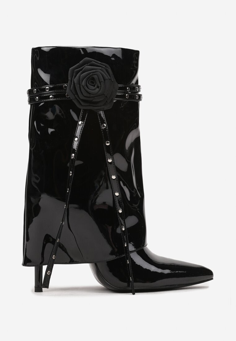  Botine Negre Lăcuite cu Toc Stiletto Manșetă Răsfrântă și Aplicație Florală Lotilaine