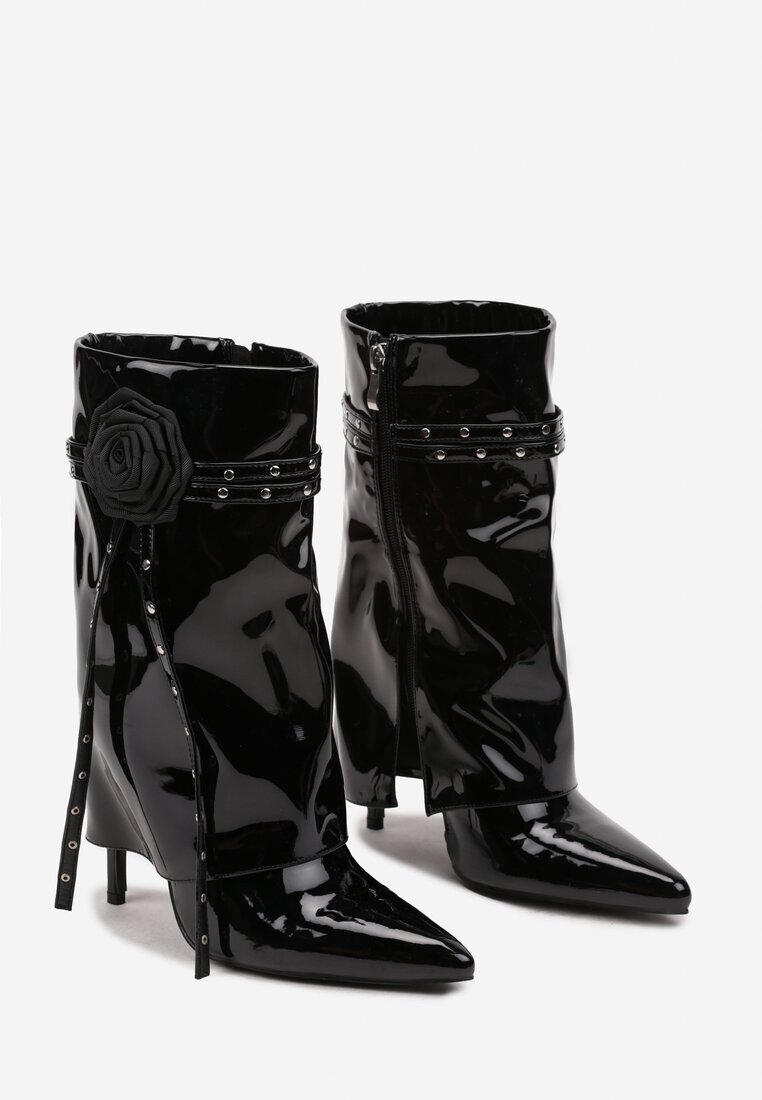  Botine Negre Lăcuite cu Toc Stiletto Manșetă Răsfrântă și Aplicație Florală Lotilaine