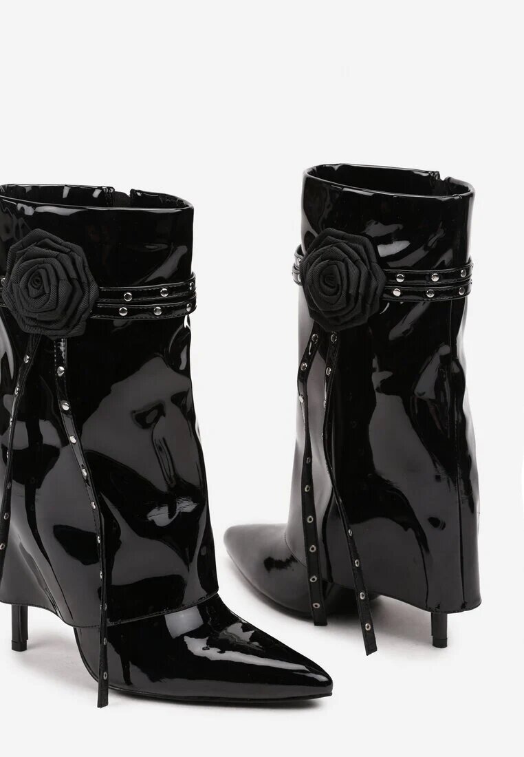  Botine Negre Lăcuite cu Toc Stiletto Manșetă Răsfrântă și Aplicație Florală Lotilaine