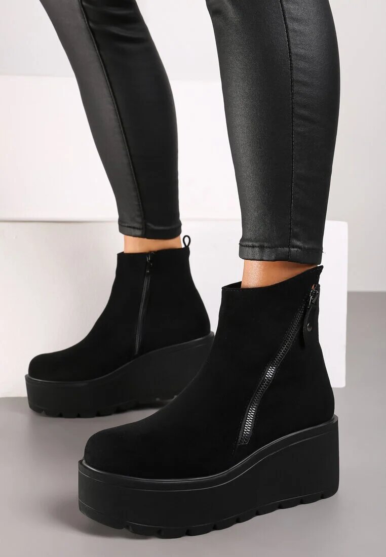  Botine Negre pe pană cu platformă ornamentate cu fermoar Irivara