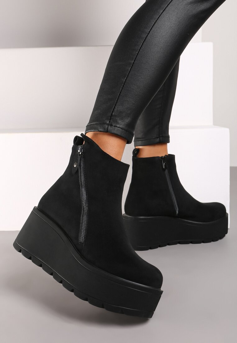  Botine Negre pe pană cu platformă ornamentate cu fermoar Irivara