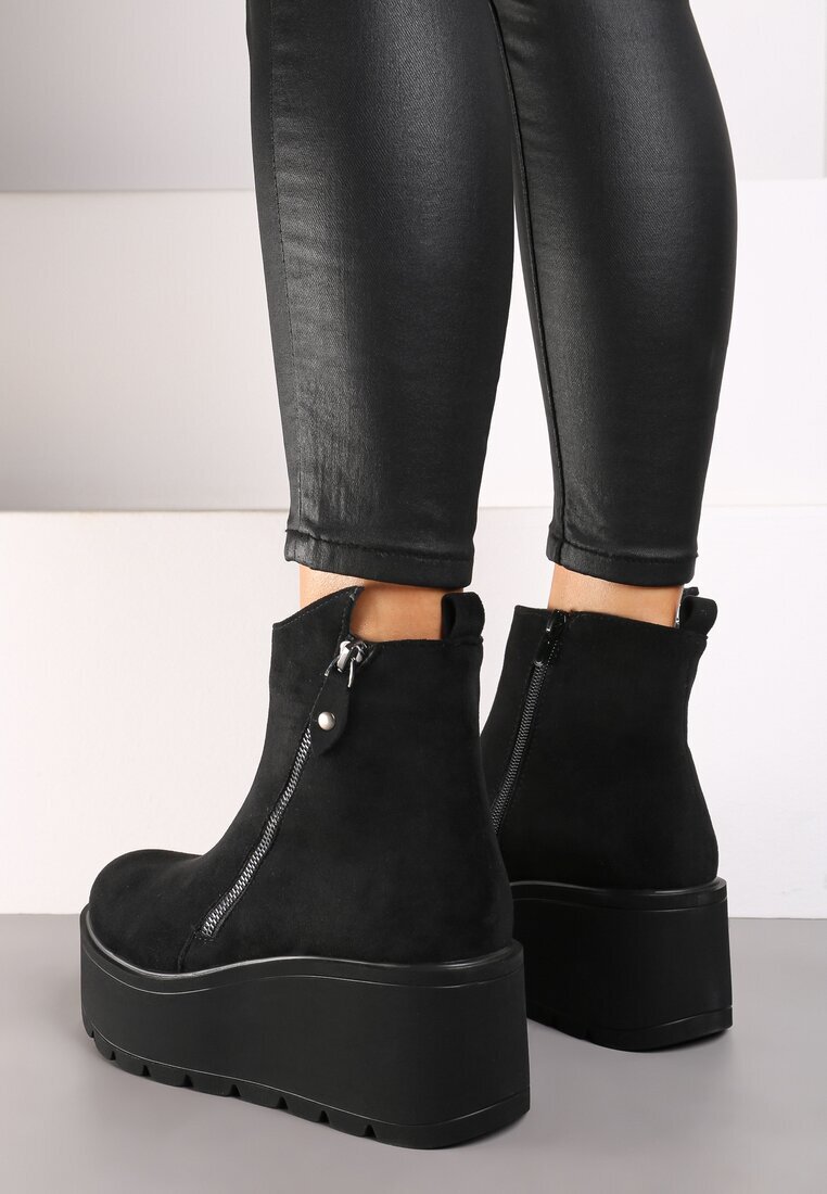  Botine Negre pe pană cu platformă ornamentate cu fermoar Irivara