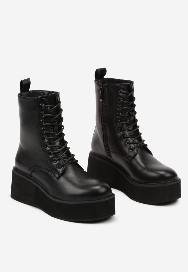  Botine Negre tip Trappers pe Platformă cu Pană Evrisia