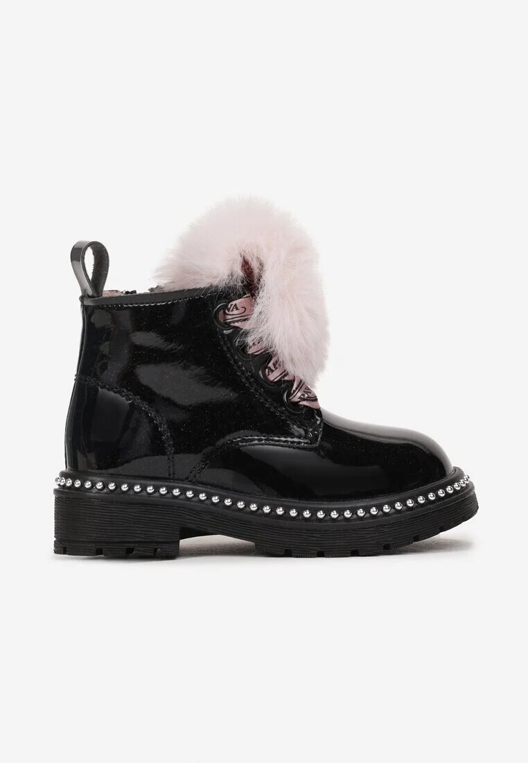  Botine Negru-Roz pe Talpă Plată cu Fire Decorative și Blană Artificială Joava