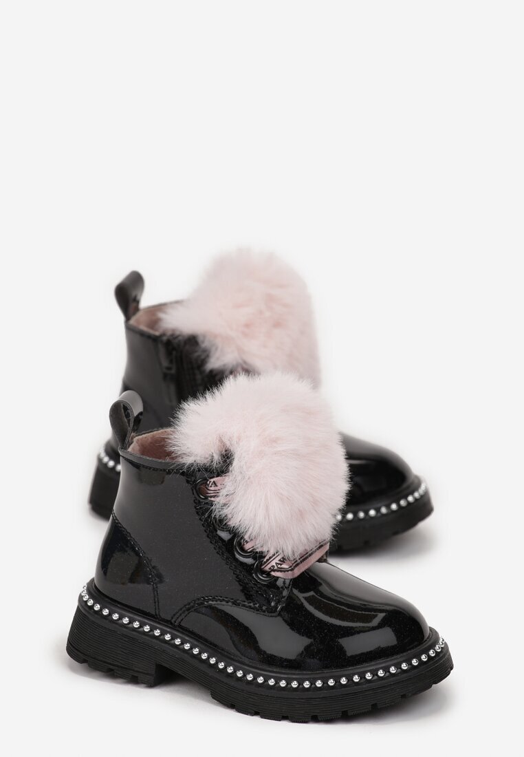  Botine Negru-Roz pe Talpă Plată cu Fire Decorative și Blană Artificială Joava