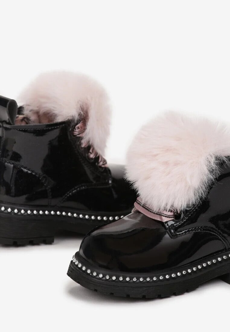  Botine Negru-Roz pe Talpă Plată cu Fire Decorative și Blană Artificială Joava