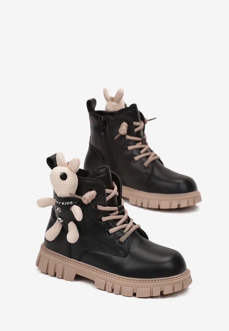  Botine Negru-Roz Plate Cu șireturi cu aplicație Iepuraș 3D Efsica