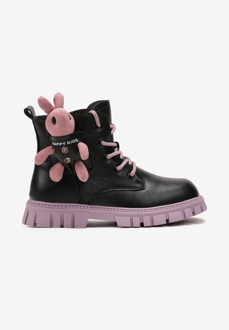  Botine Negru-Violet cu talpă groasă din piele ecologică și iepuraș decorativ Nymeria