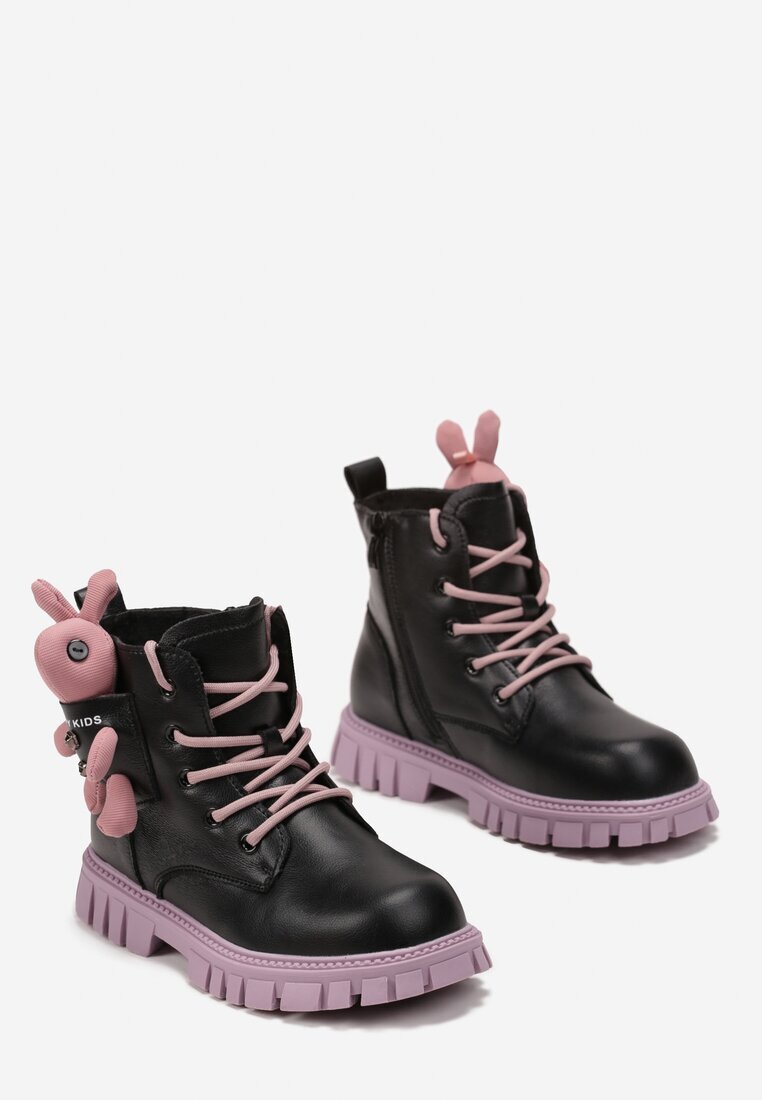  Botine Negru-Violet cu talpă groasă din piele ecologică și iepuraș decorativ Nymeria