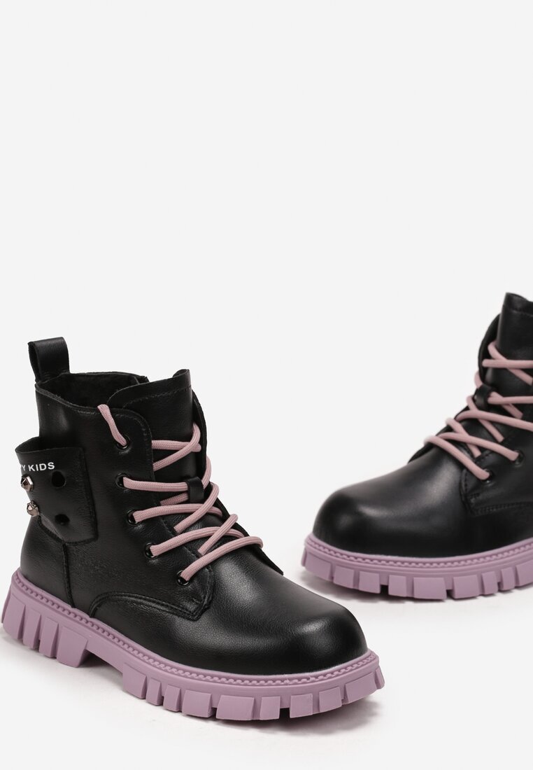  Botine Negru-Violet cu talpă groasă din piele ecologică și iepuraș decorativ Nymeria