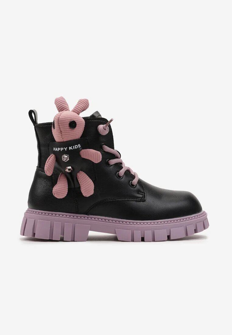  Botine Negru-Violet cu Talpă Plată din Piele Ecologică cu Breloc Decorativ Elvani
