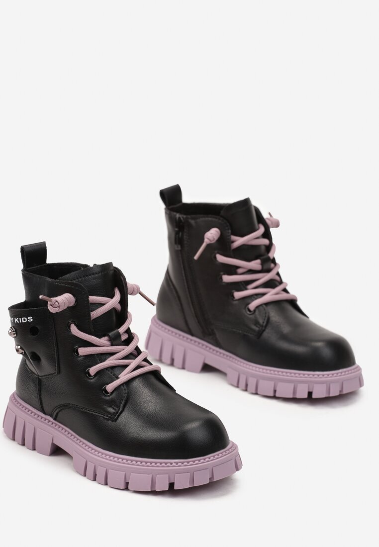  Botine Negru-Violet cu Talpă Plată din Piele Ecologică cu Breloc Decorativ Elvani