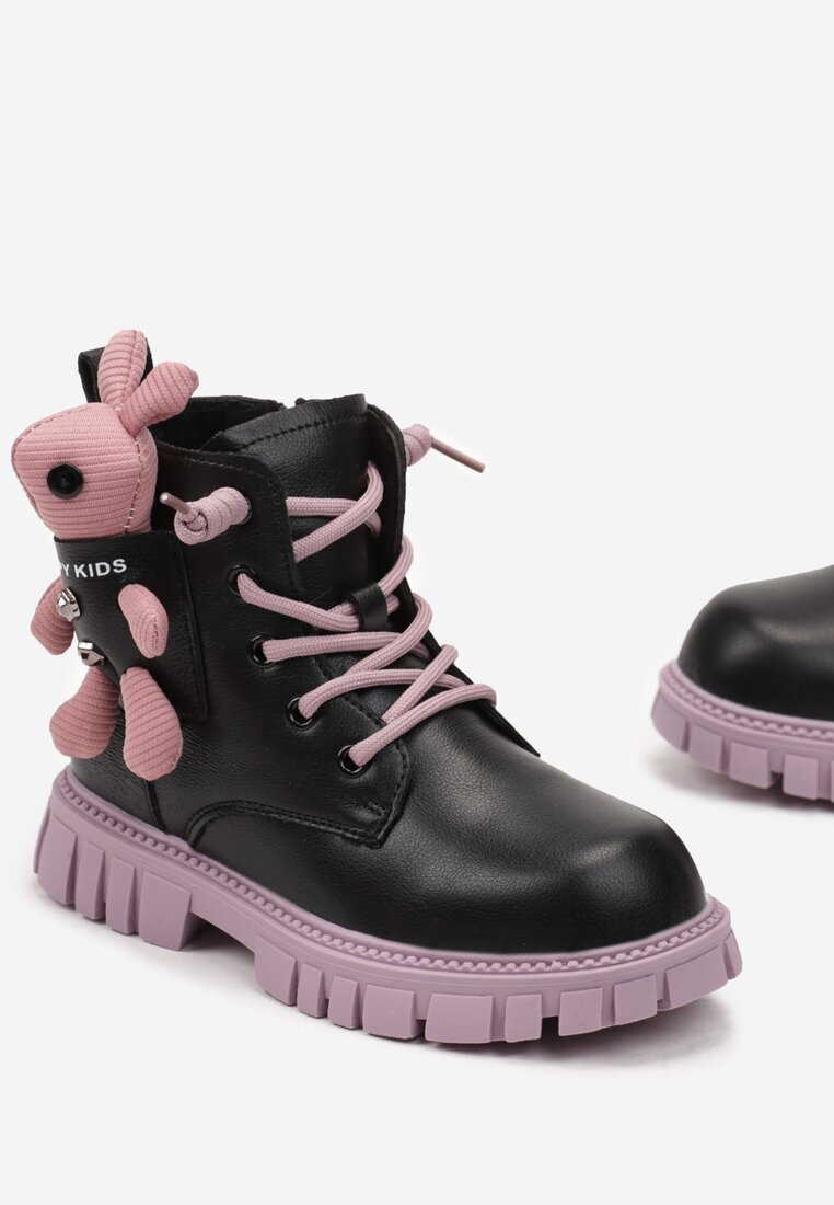  Botine Negru-Violet cu Talpă Plată din Piele Ecologică cu Breloc Decorativ Elvani