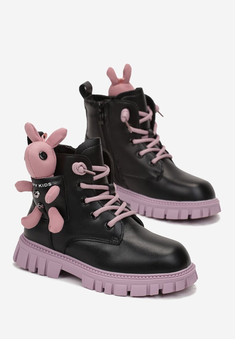  Botine Negru-Violet Plate Cu șireturi Cu aplicație Iepuraș 3D Efsica
