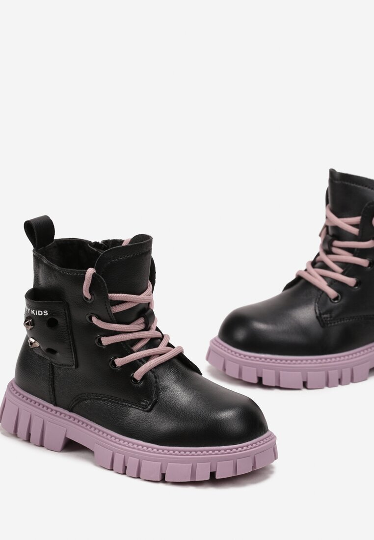  Botine Negru-Violet Plate Cu șireturi Cu aplicație Iepuraș 3D Efsica