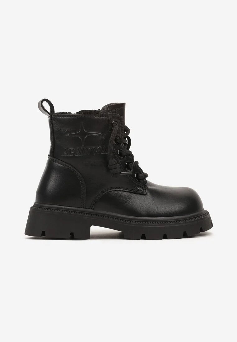  Botine Plate Negre cu Model în Relief și Șireturi Ventressa