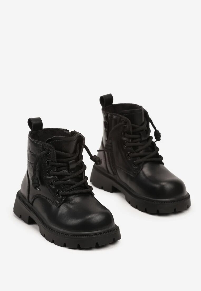  Botine Plate Negre cu Model în Relief și Șireturi Ventressa
