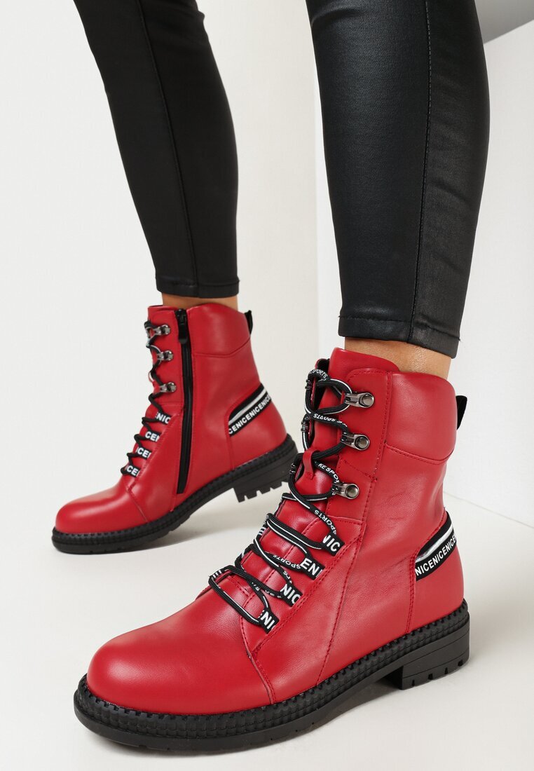  Botine Roșii stil worker cu Benzi Decorative Ronasse