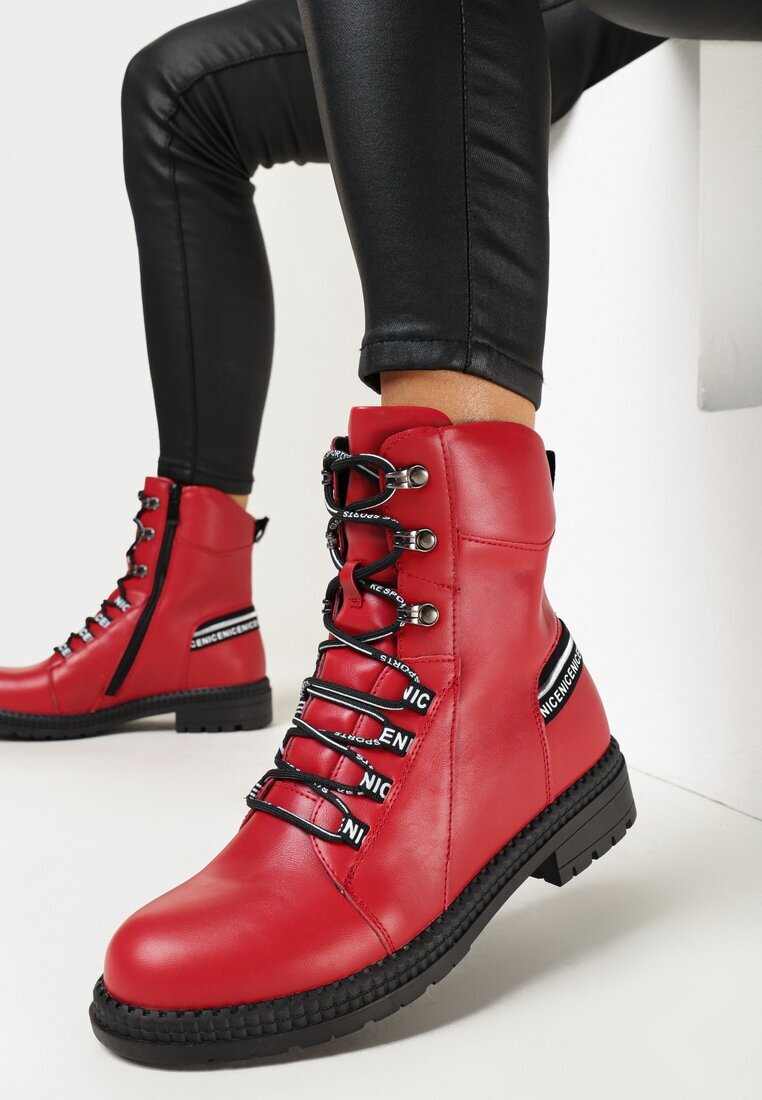 Botine Roșii stil worker cu Benzi Decorative Ronasse