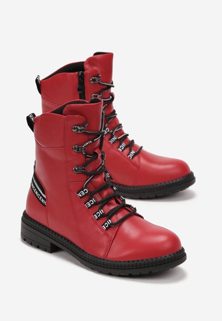  Botine Roșii stil worker cu Benzi Decorative Ronasse