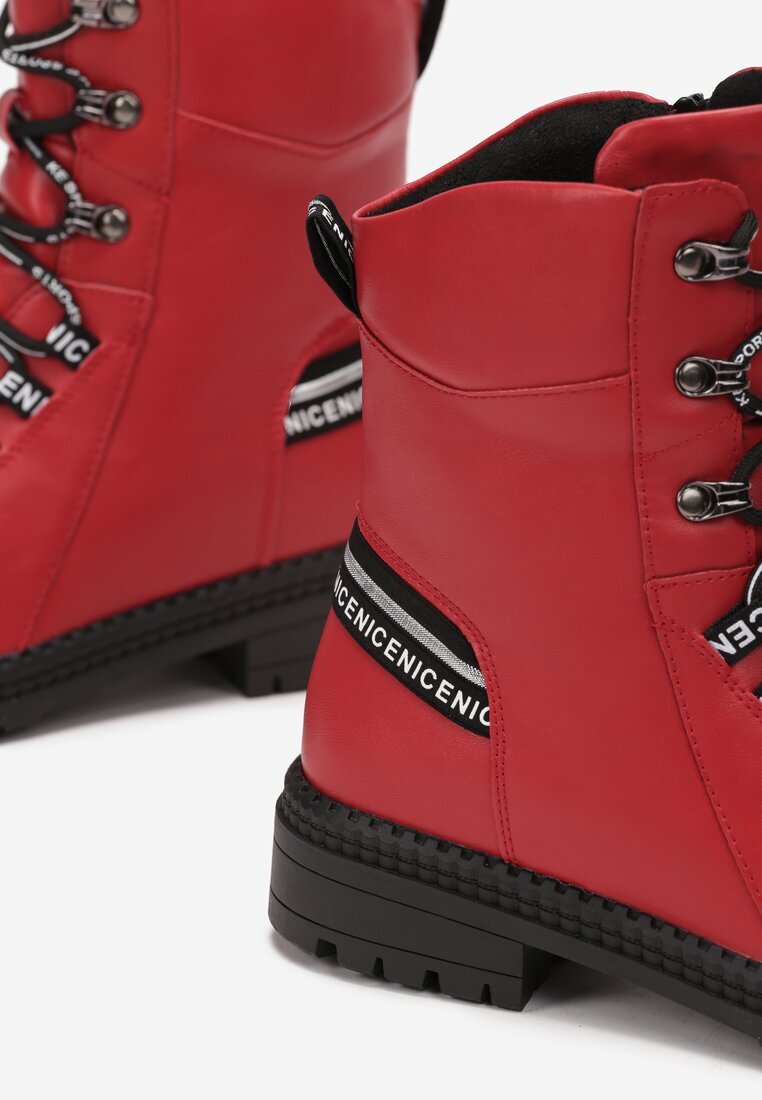 Botine Roșii stil worker cu Benzi Decorative Ronasse