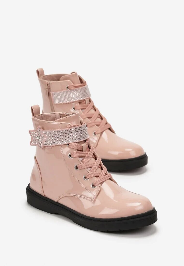  Botine roz cu șireturi cu talpă plată și închidere velcro Tewen
