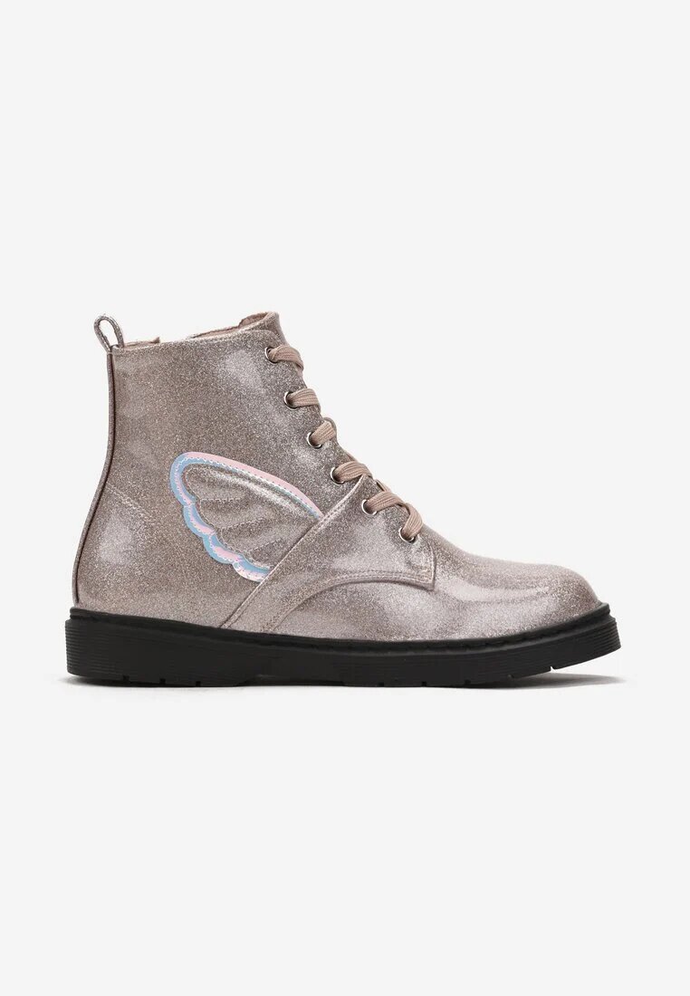 Botine roze cu șireturi decorate cu sclipici și cu motiv aripă de înger Reshini