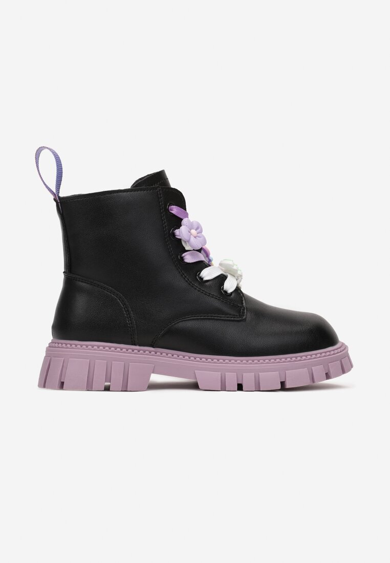  Botine stil worker Negru-Mov cu Șireturi Decorative Paulla