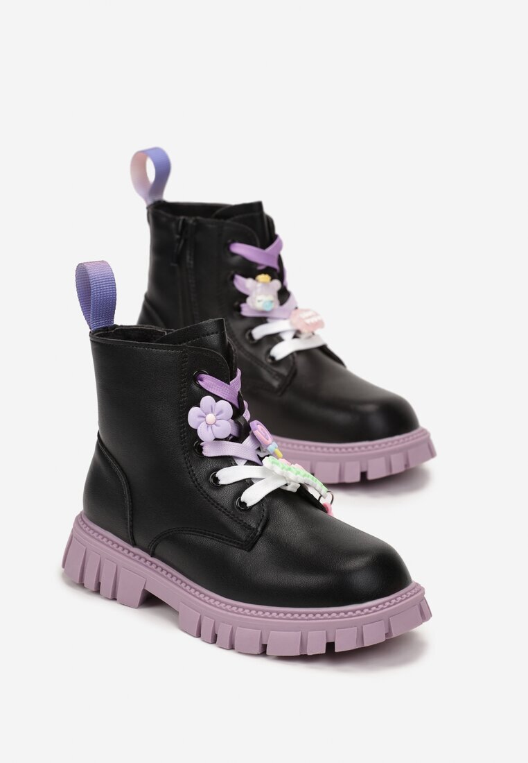  Botine stil worker Negru-Mov cu Șireturi Decorative Paulla