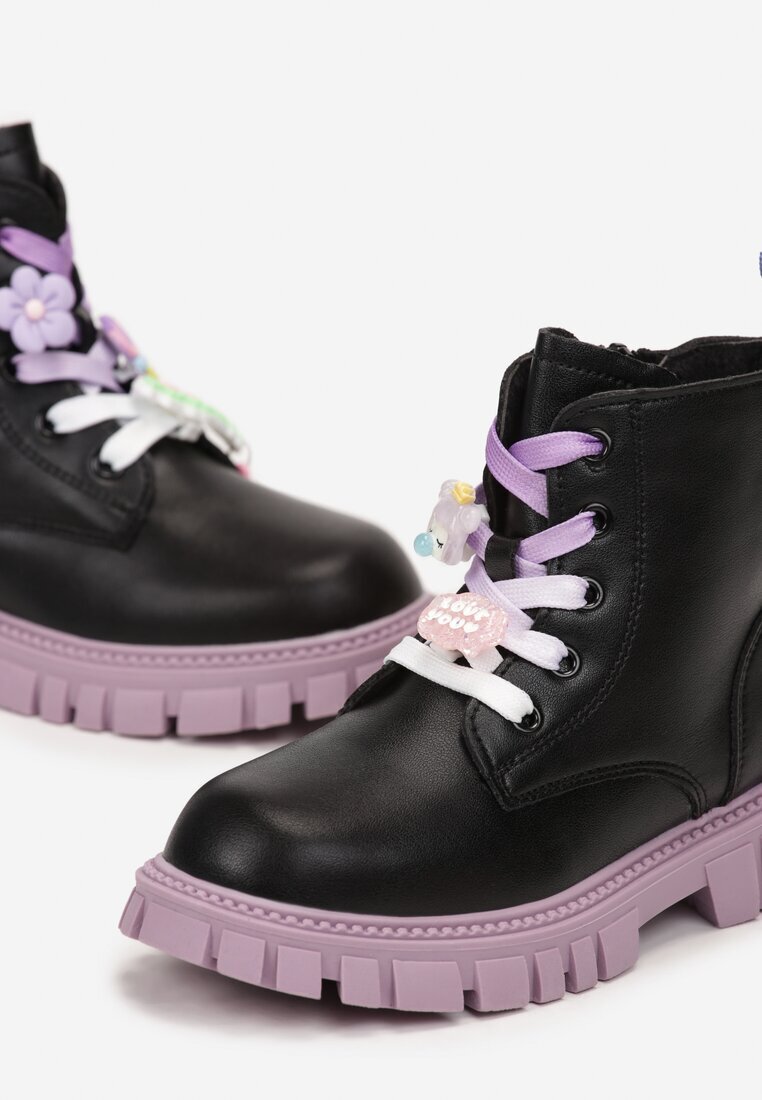  Botine stil worker Negru-Mov cu Șireturi Decorative Paulla
