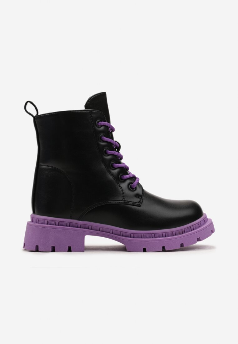  Botine worker Negru-Violet cu Talpă Plată cu Fundiță Decorativă și Motiv Iepuraș Poono