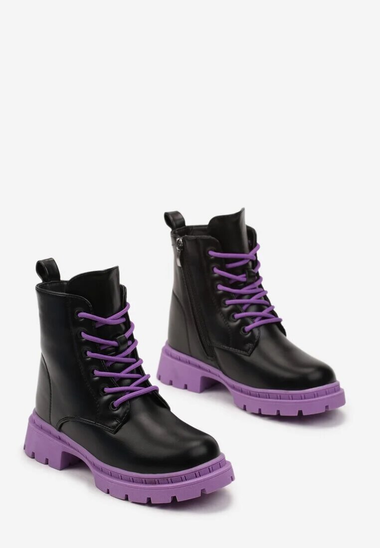  Botine worker Negru-Violet cu Talpă Plată cu Fundiță Decorativă și Motiv Iepuraș Poono
