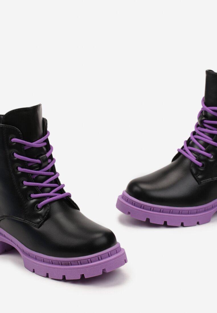  Botine worker Negru-Violet cu Talpă Plată cu Fundiță Decorativă și Motiv Iepuraș Poono