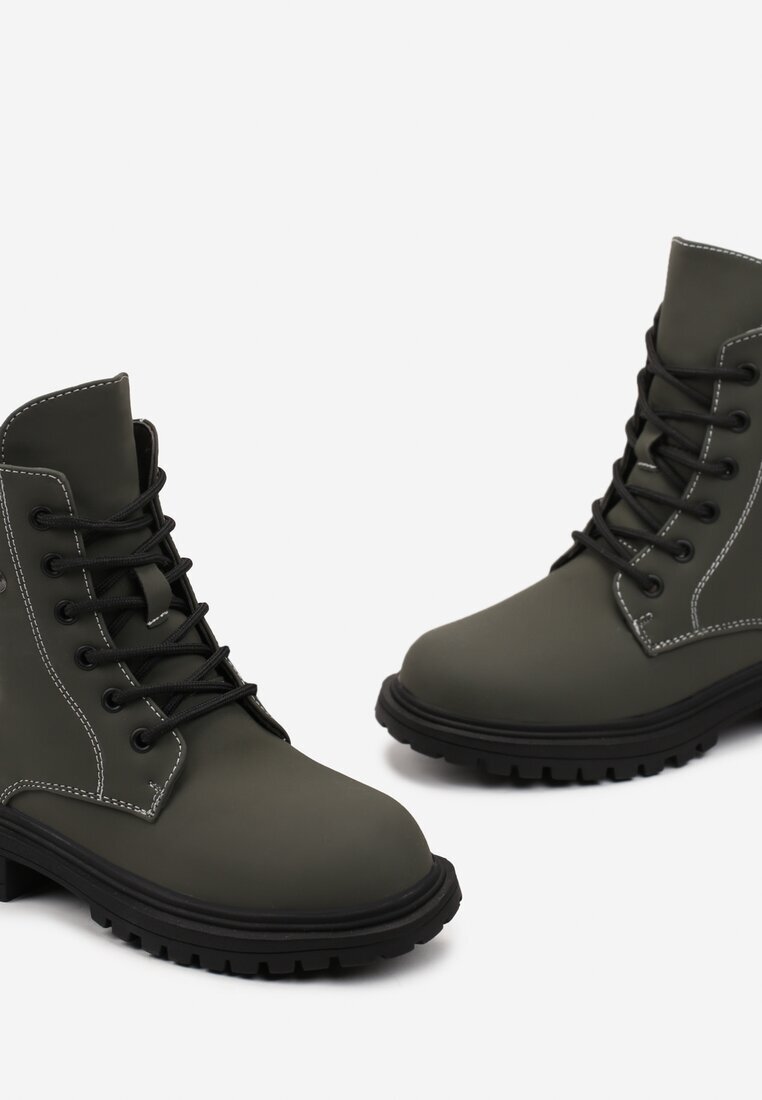  Botine Worker Verzi cu șireturi cu inserție textilă și zirconii Mirielia