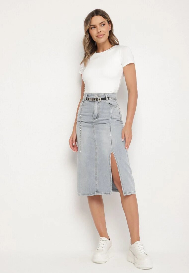 by may Fustă Albastru deschis De bumbac Din denim Decorată Cu lanț Lilisela