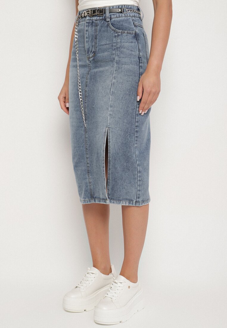 by may Fustă bleumarin din bumbac din denim decorată cu lanț Lilisela