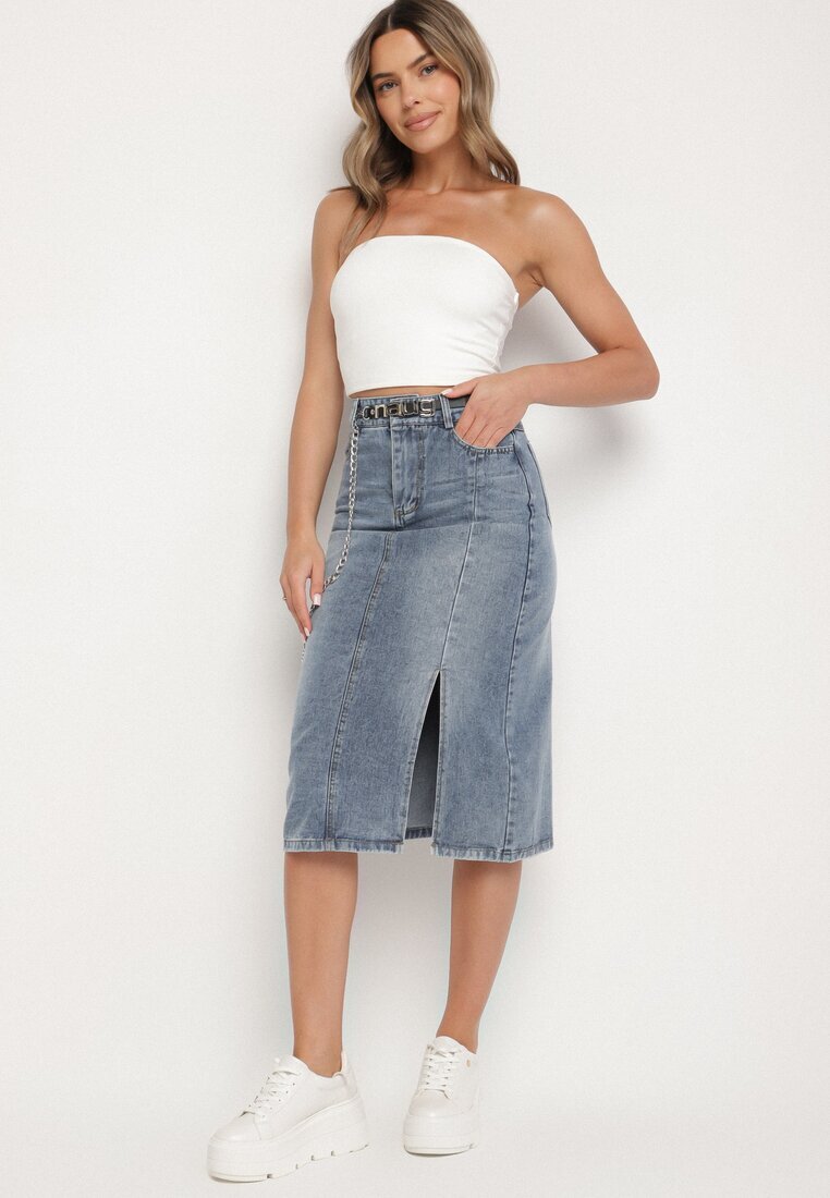 by may Fustă bleumarin din bumbac din denim decorată cu lanț Lilisela